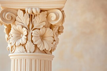 Naklejka premium Intricate floral carvings adorn the capital of a classical column, showcasing elegant craftsmanship.