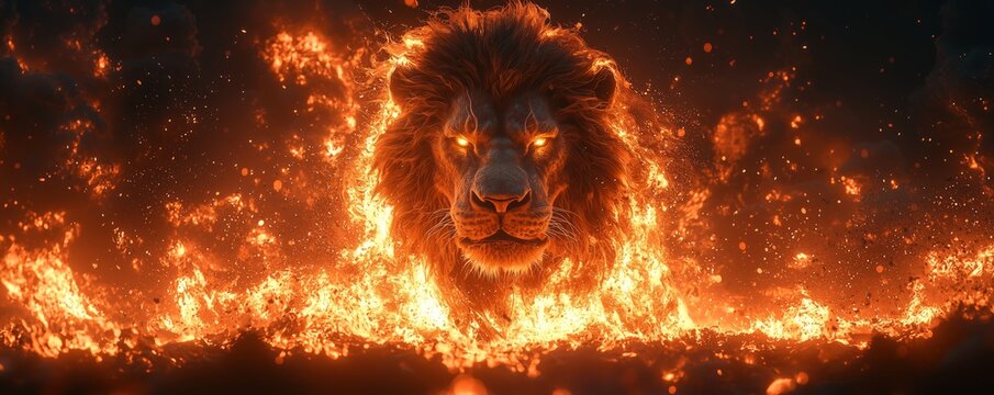 Majestic Lion Surrounded by Fiery Flames and Glowing Embers