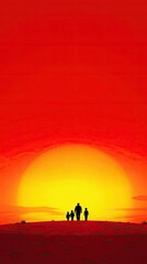 Family silhouette sunset landscape, peaceful evening, African savanna, hope