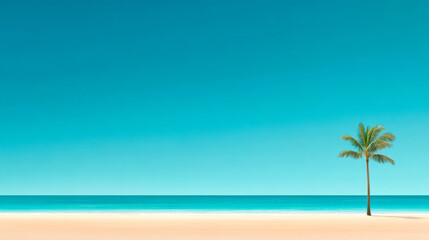 Fototapeta premium A serene beach scene featuring a single palm tree against a vibrant turquoise sky and calm ocean, evoking tranquility and relaxation.