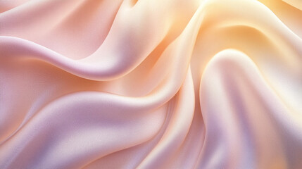 A close-up view of luxurious silk satin fabric, softly draped and illuminated by warm lighting, creating gentle waves and a golden sheen.