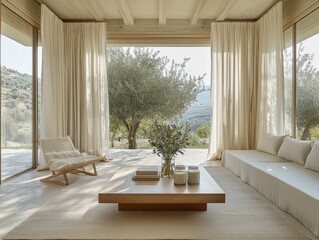 Fototapeta premium A living room with a white couch and a white chair. A vase with flowers on a table