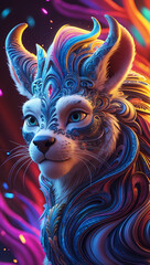 Fantastical Feline with Intricate Swirling Patterns: Vibrant AI-Generated Illustration with Expressive Blue Eyes
