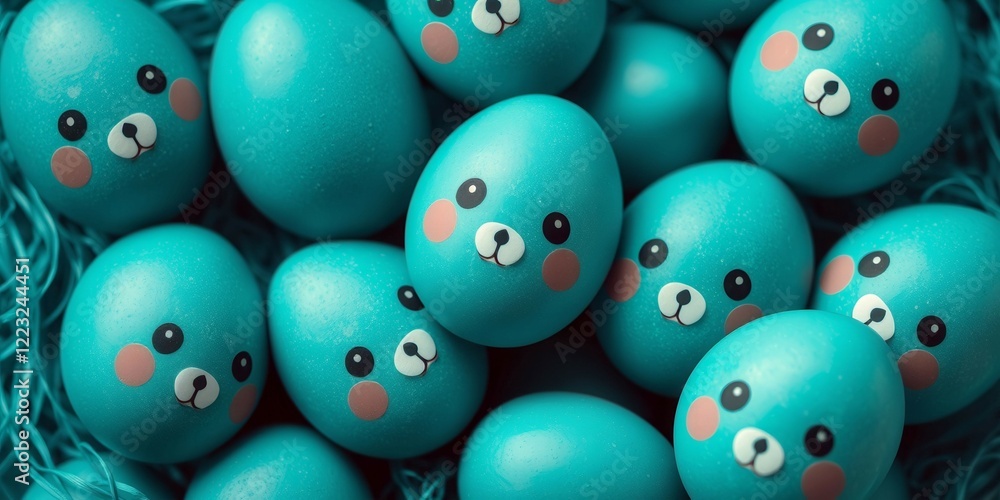 Poster a bunch of blue eggs with faces drawn on them. the eggs are arranged in a pattern and are all differ