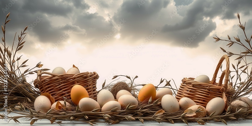 Poster a basket of eggs is on a table with a basket of straw and leaves. the basket of eggs is full of eggs