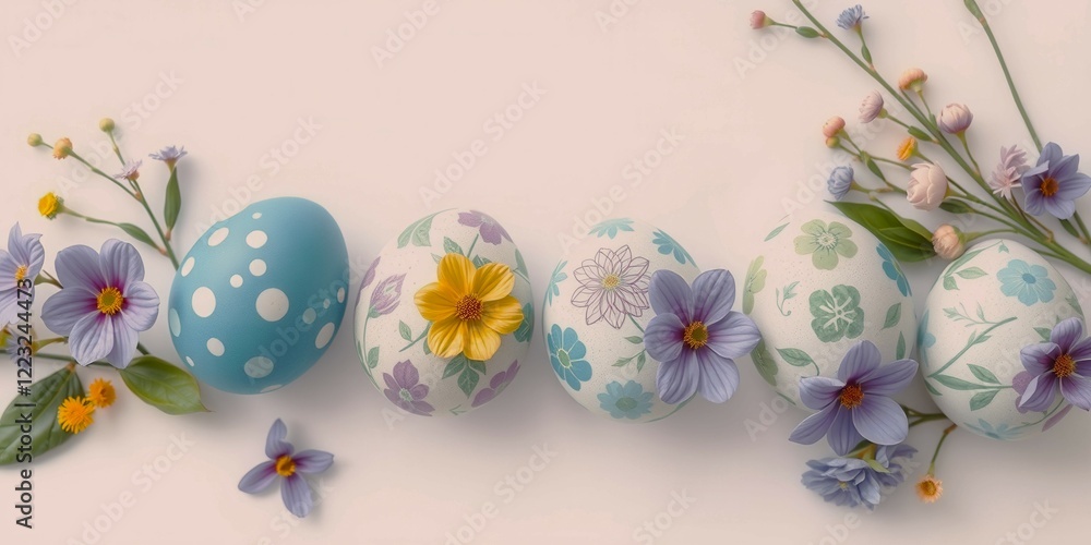 Aufkleber a row of painted eggs with flowers in the background. the eggs are decorated with different patterns