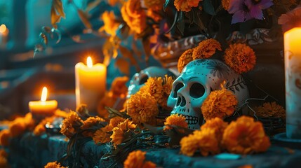 A traditional Mexican Day of the Dead altar with marigold flowers, candles, and sugar skulls.