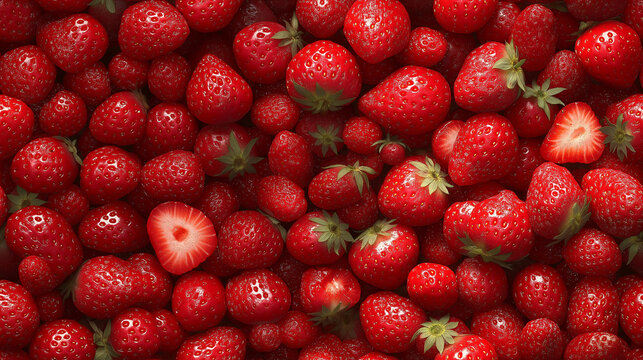 Seamless texture of fresh strawberries, vibrant bright red with tiny, distinct seeds scattered across the surface. Highly detailed, showcasing the natural, textured appearance of the berries in a phot