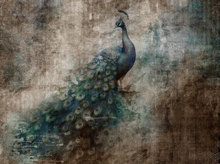 Beautiful peacock on grunge photo wallpaper with golden abstract elements on concrete background. Illustration for wallpaper, fresco, mural.
