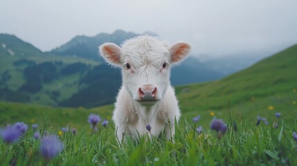 Obraz premium White calf in mountain pasture, wildflowers, idyllic scene, postcard