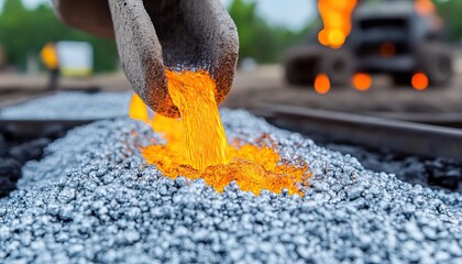 A worker pours molten material onto a bed of gravel, highlighting the intense heat and process involved in construction and road paving.