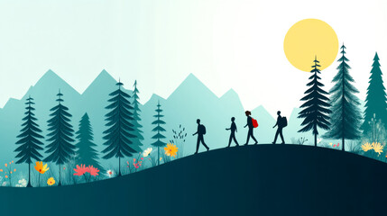A serene landscape featuring hikers silhouetted against mountains, trees, and a bright sun, evoking a sense of adventure and nature's beauty.