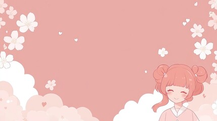 Happy girl, cherry blossoms, pink background, spring scene, social media post