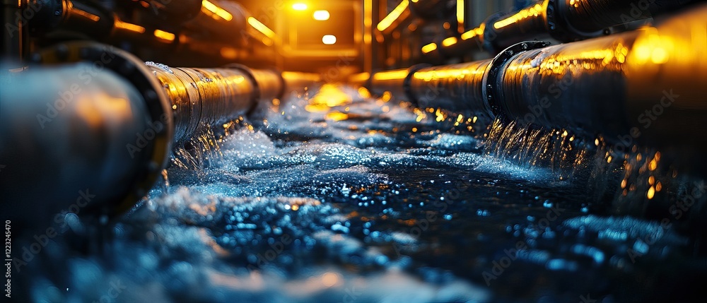 Poster stream of water flows through industrial pipes, illuminated by warm light, creating a dynamic and ca