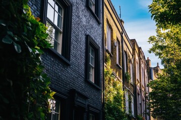Fototapeta premium Charming narrow street lined with colorful houses surrounded by greenery in a quaint neighborhood basking in golden hour sunlight