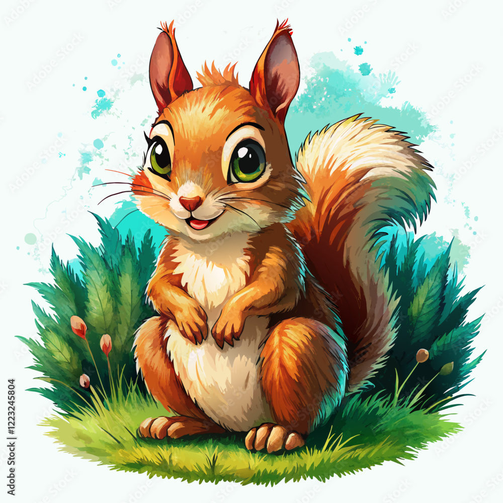 Wall mural vector illustration of a baby squirrel on the grass on white background - generative ai