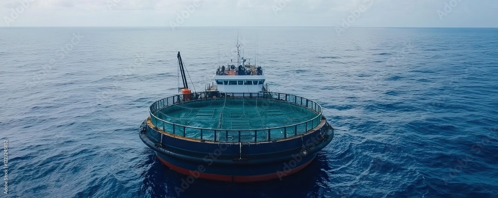 Poster a large vessel is anchored in the open ocean, surrounded by calm waters under a cloudy sky, showcasi