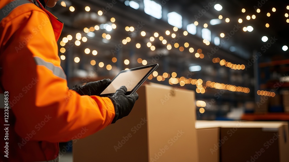 Aufkleber a worker in an orange jacket uses a tablet while surrounded by stacked boxes and decorative lights i