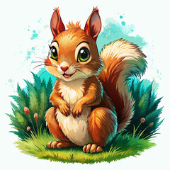 Fototapeta premium Vector illustration of a baby squirrel on the grass on white background - Generative AI 