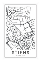 Printable downtown road map poster of the Dutch city of STIENS on solid white background with city name