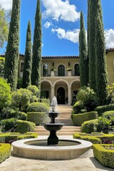 Fototapeta premium An elegant garden features a stunning fountain, framed by towering cypress trees, while a grand mansion rises majestically in the background beneath a radiant blue sky on a sunny day