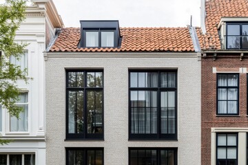 Obraz premium Modern architectural design contrasts with traditional buildings in a European neighborhood showcasing unique window styles and craftsmanship on a sunny day
