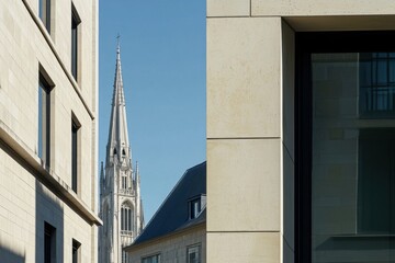 Architectural contrast showcases a historic spire rising above modern buildings in a vibrant city setting under clear blue skies