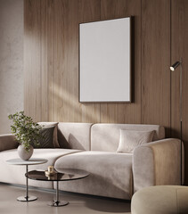 Mockup big poster frame in modern warm living room interior, 3d rendering