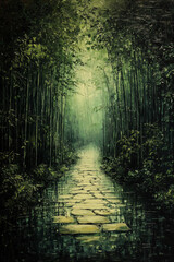 Obraz premium Serene Bamboo Pathway Surrounded by Lush Greenery and Mystical Fog
