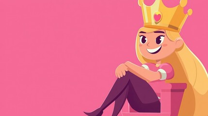Happy princess throne pink background children's book illustration
