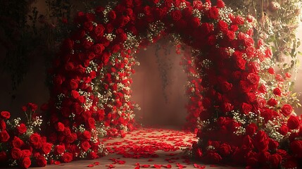 Red rose archway with petals.