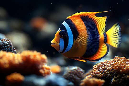 moorish idol in the ocean with bright corol