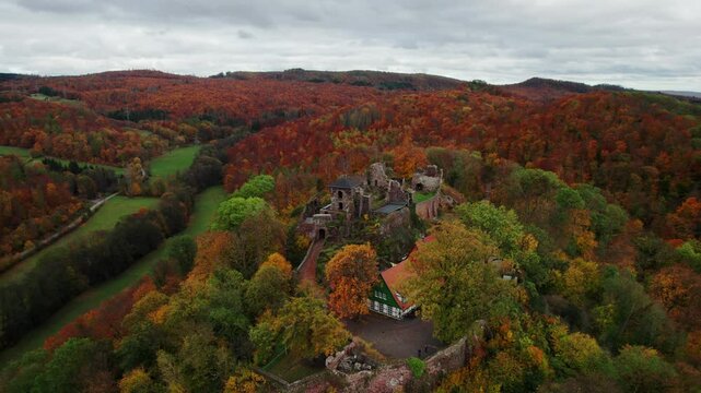 Aerial view ruins of old castle. Ruin of Hohnstein Castle, Harz mountains, Germany.