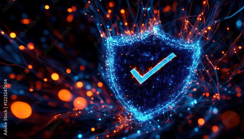 Poster a vibrant digital shield with a checkmark symbolizes security and trust in a connected world, surrou