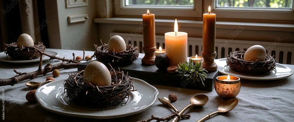 Poster a table with candles and eggs on it. the candles are lit and the eggs are placed on the table