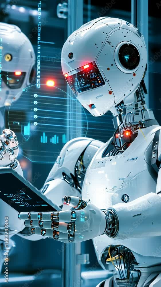 Poster futuristic robots analyzing data in a high-tech laboratory environment during a research and develop