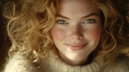 Joyful Woman with Freckles and Curly Hair