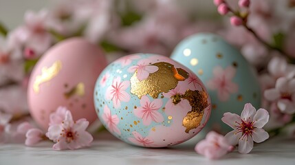 Fototapeta premium pastel Easter eggs with gold kintsugi-style cracks, placed on a soft white surface, surrounded by blooming cherry blossom branches