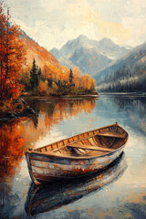 Obraz premium Serene Autumn Landscape with Old Wooden Boat on Calm Water