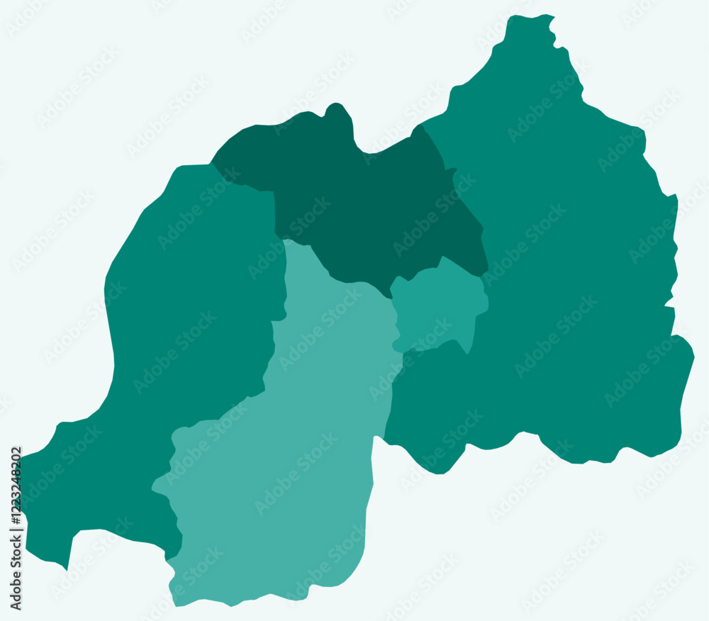 Poster map of rwanda with regions. a simple country border map with region division in a teal color palette