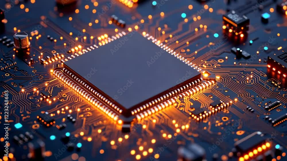 Aufkleber close-up view of a computer circuit board with glowing components and microprocessor during a techno