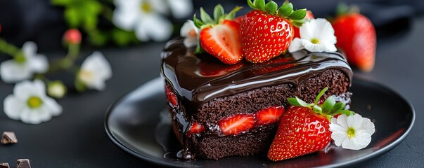 A decadent chocolate cake topped with fresh strawberries and delicate flowers, served on a dark plate against a contrasting background.