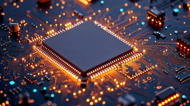 Close-up view of a computer circuit board with glowing components and microprocessor during a technology demonstration
