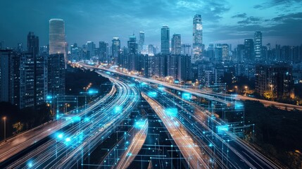 Fototapeta premium A cityscape with integrated air and land transportation networks, futuristic flow