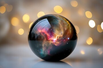 A glass sphere captures the vibrant colors and cosmic dust of a nebula, set against a bokeh background of warm lights.