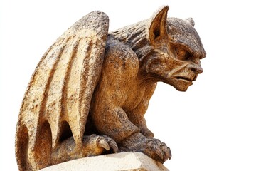 A weathered stone gargoyle with wings, perched atop a building, displays a menacing expression.