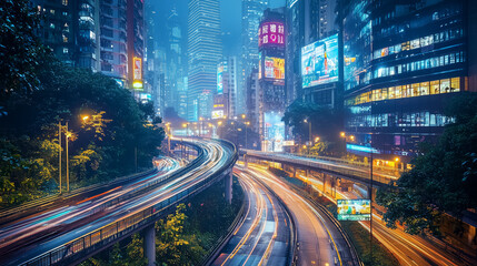 Fototapeta premium Urban Nightscape with Vibrant Lights and Motion in City Streets