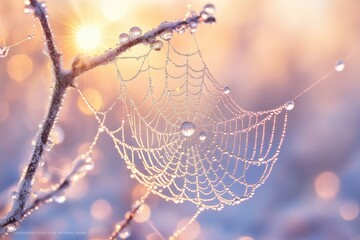 A glistening spiderweb adorned with morning dew, bathed in the soft glow of sunrise.