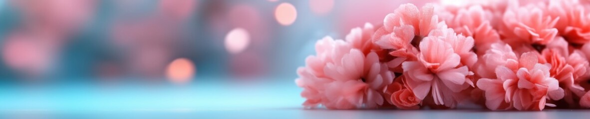 Fototapeta premium Delicate pink flowers arranged elegantly on a soft blue background with bokeh effect