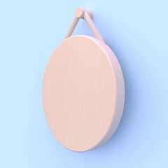 A simple, circular wooden wall decoration with a rope hanger against a light blue background, showcasing minimalist design.